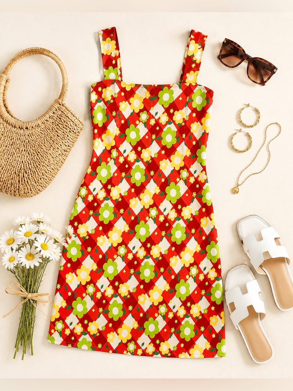 Jonathan Martin Mod Mini Dress Retro Y2K Flower Print Shift Pink Red Green